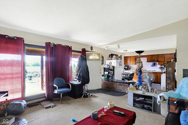 carpeted living room with lofted ceiling