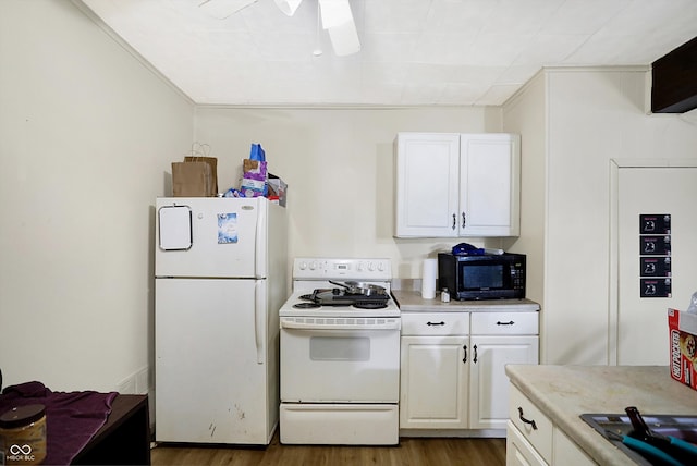 kitchen with hardwood / wood-style floors, black appliances, white cabinets, and ceiling fan