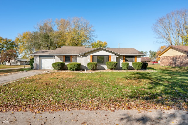 ranch-style house with a front yard and a garage