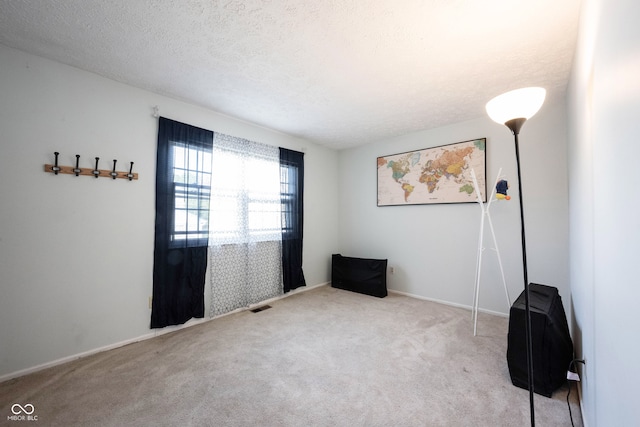 carpeted empty room featuring a textured ceiling