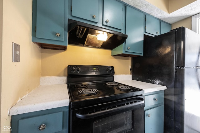 kitchen with blue cabinetry, a textured ceiling, and black appliances