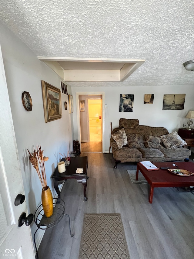 living room featuring a textured ceiling and hardwood / wood-style floors