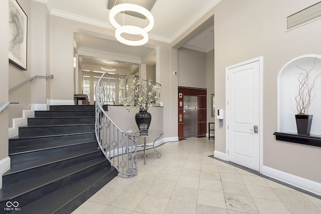 stairs with crown molding and elevator