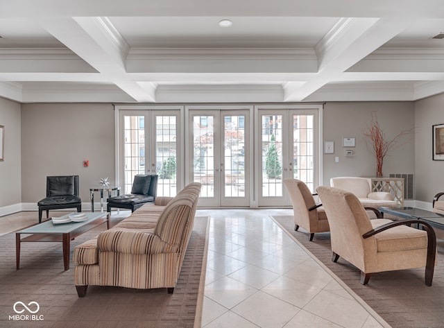 living room featuring beamed ceiling, ornamental molding, french doors, and coffered ceiling