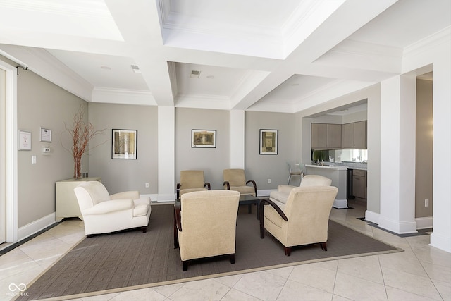 living room with beamed ceiling, coffered ceiling, and light tile patterned floors