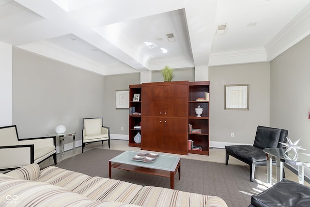 living room featuring light carpet, crown molding, and beamed ceiling