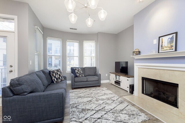 living room featuring a premium fireplace, light hardwood / wood-style floors, and plenty of natural light