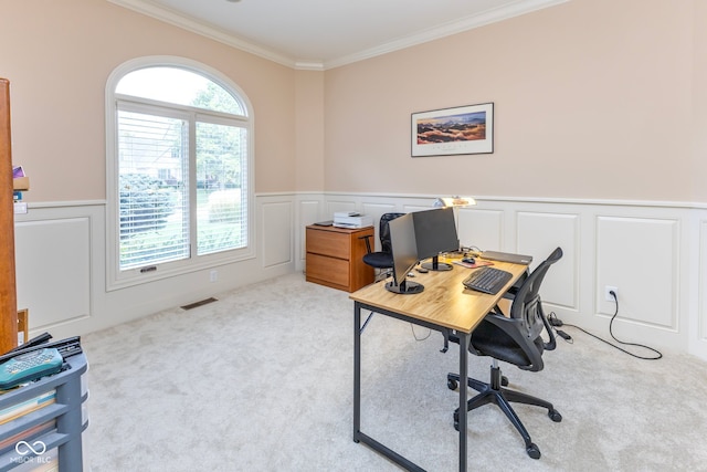 office with a wealth of natural light, ornamental molding, and light colored carpet