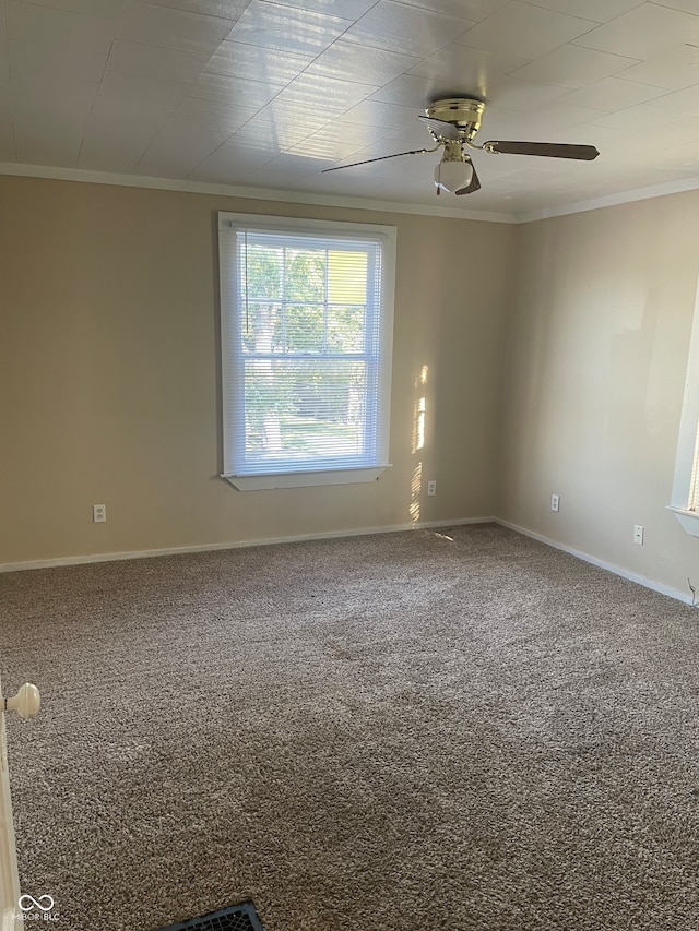 unfurnished room featuring ornamental molding, carpet, and ceiling fan