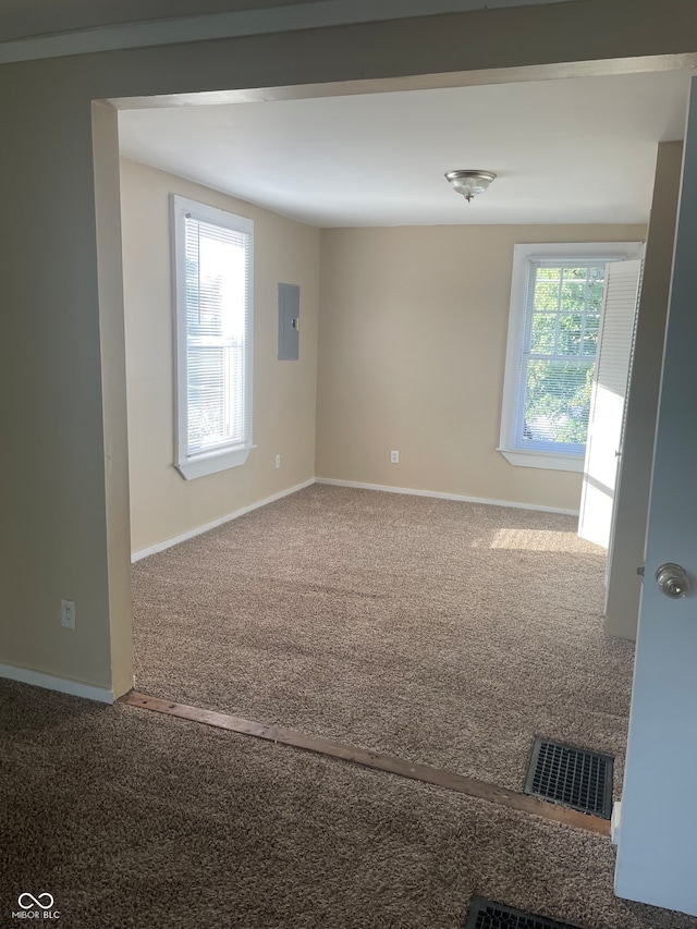 carpeted spare room featuring electric panel