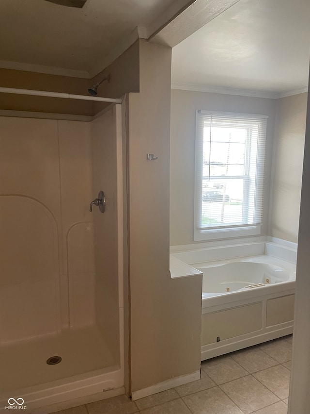 bathroom with shower with separate bathtub, crown molding, and tile patterned flooring