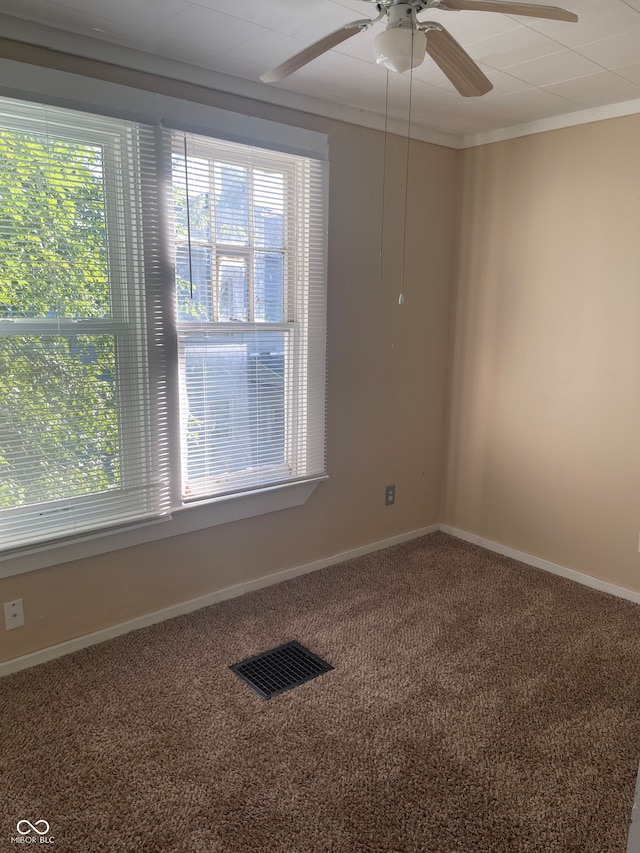 carpeted spare room with ornamental molding and ceiling fan