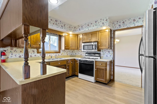 kitchen featuring light wood-type flooring, appliances with stainless steel finishes, kitchen peninsula, and sink