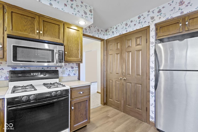 kitchen with light wood-type flooring and appliances with stainless steel finishes