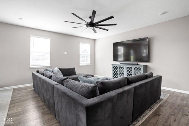 living room with ceiling fan and dark hardwood / wood-style flooring