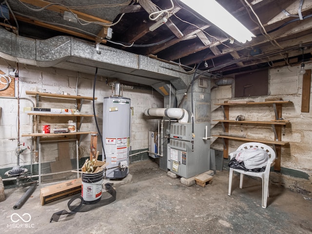 basement with heating unit and gas water heater