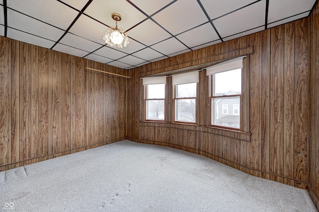 carpeted spare room with wood walls, a drop ceiling, and a healthy amount of sunlight