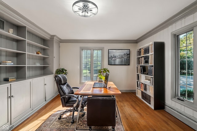 home office with baseboard heating, crown molding, and a wealth of natural light