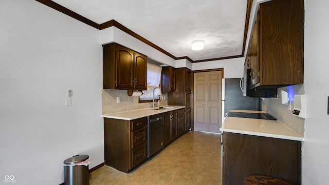 kitchen featuring dark brown cabinets, crown molding, sink, and black appliances