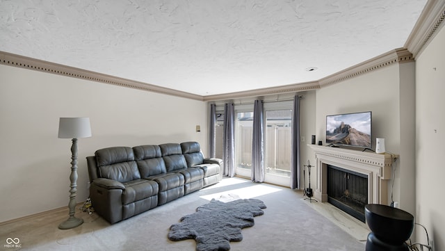 carpeted living room featuring ornamental molding and a textured ceiling