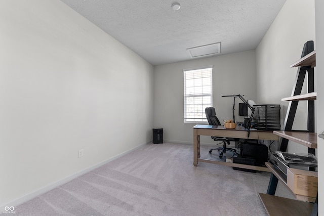 carpeted office space with a textured ceiling