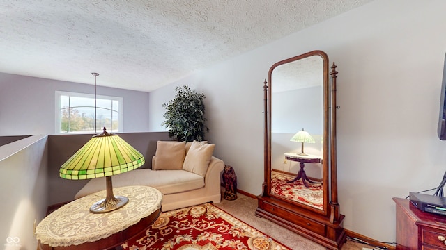 sitting room featuring light carpet and a textured ceiling