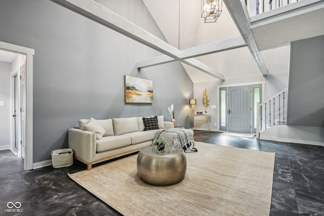 living room featuring high vaulted ceiling