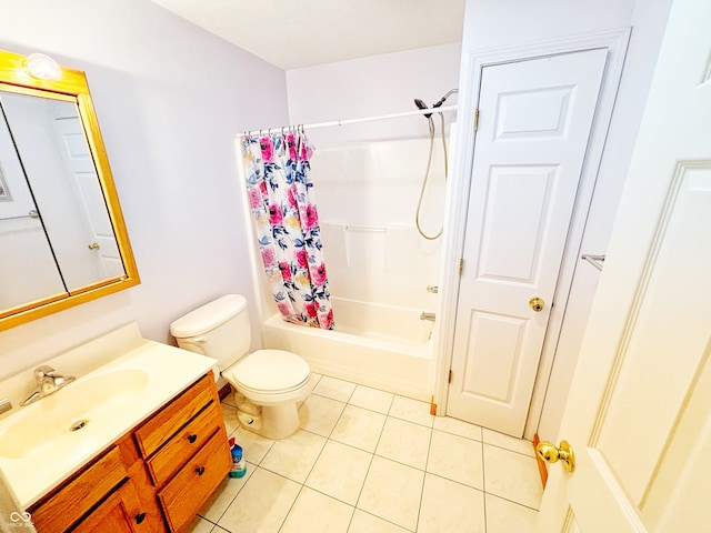 full bathroom with vanity, shower / bath combo, toilet, and tile patterned floors