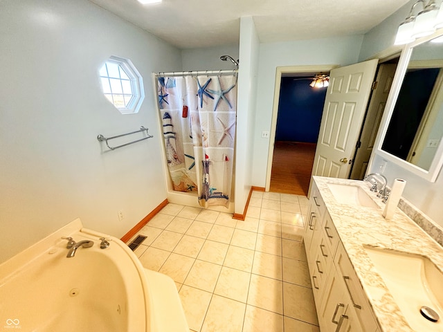 bathroom with vanity, tile patterned floors, independent shower and bath, and ceiling fan