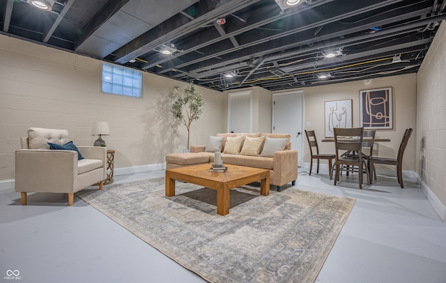 living room with concrete floors