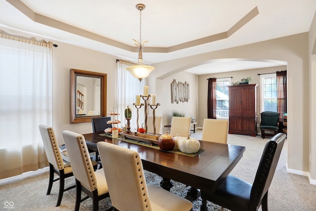 carpeted dining space featuring a raised ceiling