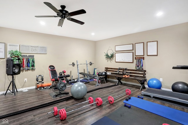 workout area with hardwood / wood-style flooring and ceiling fan