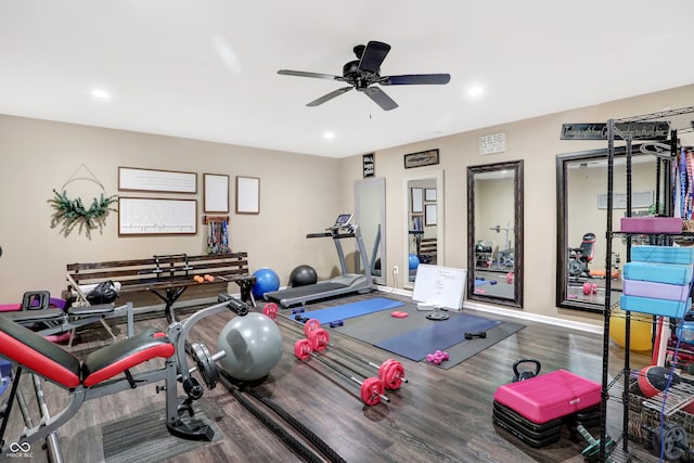 workout area featuring hardwood / wood-style flooring and ceiling fan