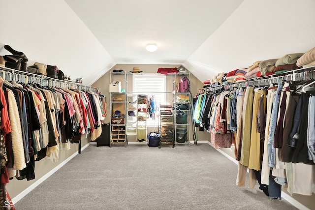 walk in closet featuring carpet floors and vaulted ceiling