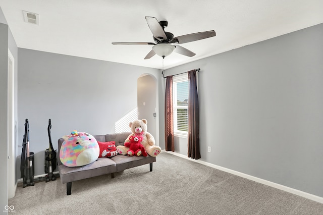 bedroom with ceiling fan and carpet flooring