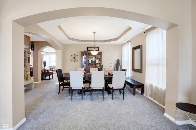 dining area featuring carpet floors and a raised ceiling