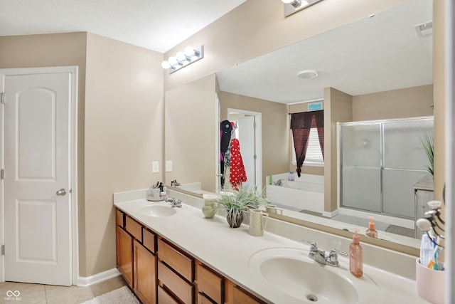 bathroom with vanity, independent shower and bath, and tile patterned flooring