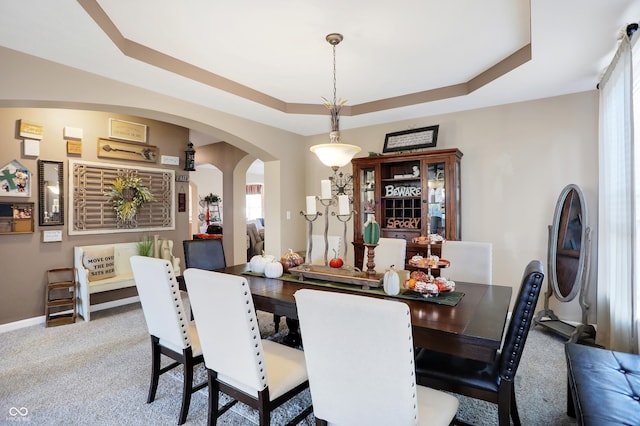 dining room featuring a tray ceiling and carpet flooring