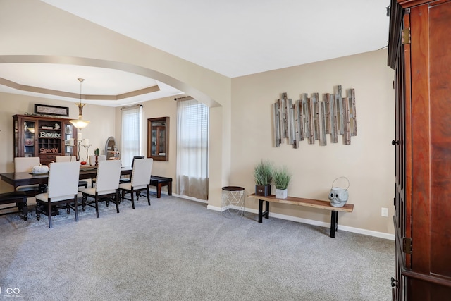 carpeted dining area featuring a raised ceiling