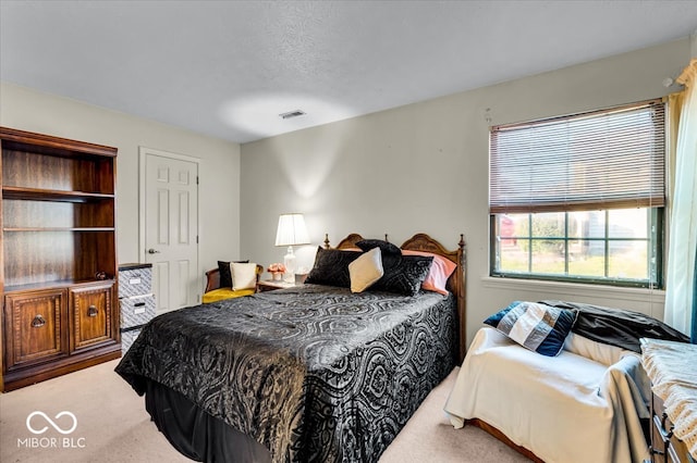 carpeted bedroom with a textured ceiling