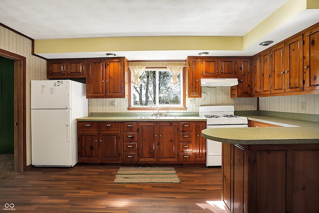 kitchen with white appliances, dark hardwood / wood-style flooring, kitchen peninsula, and sink