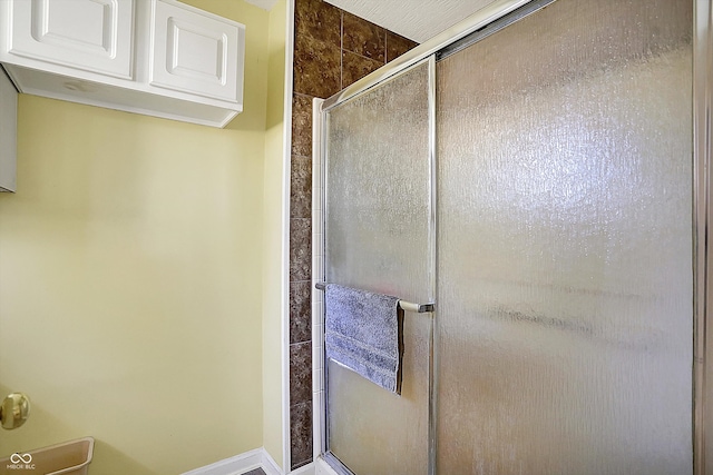 bathroom featuring a shower with shower door