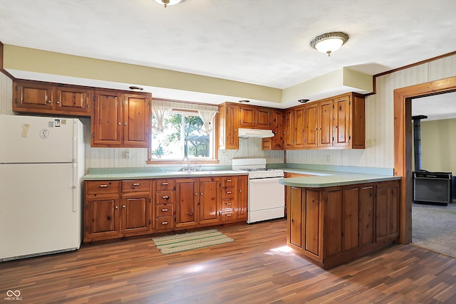 kitchen with dark hardwood / wood-style floors, a wood stove, white appliances, sink, and kitchen peninsula