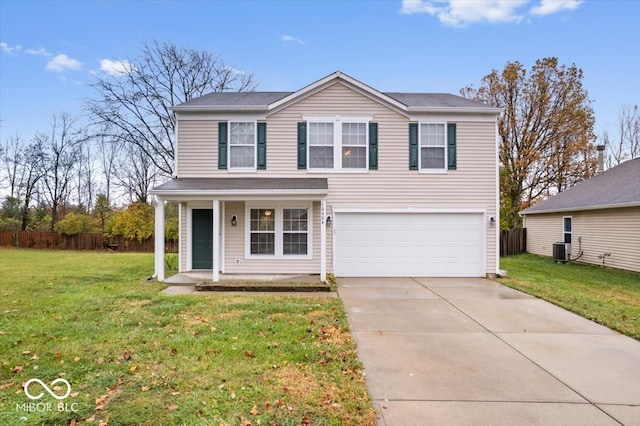 front facade featuring a front lawn, central AC, covered porch, and a garage