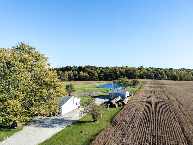 birds eye view of property featuring a rural view and a water view