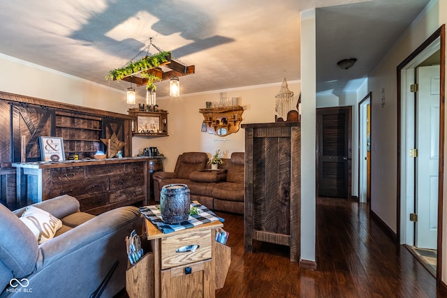 living room with dark wood-type flooring and ornamental molding