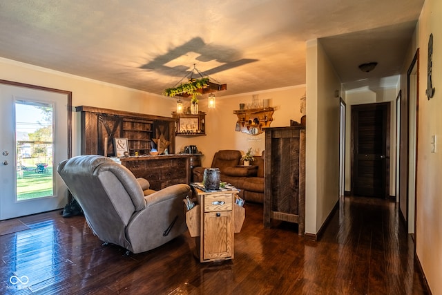 living room featuring dark wood-type flooring and crown molding