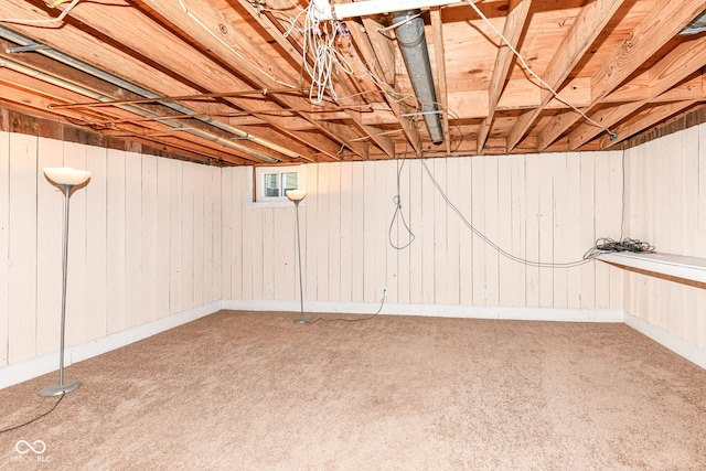 basement featuring carpet flooring and wooden walls