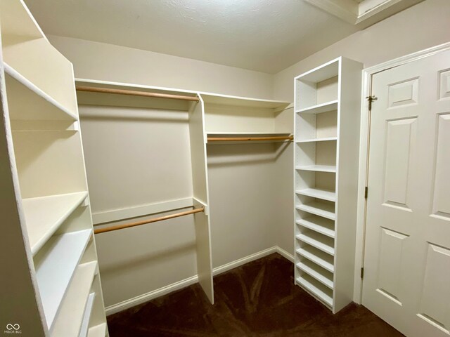 walk in closet featuring dark carpet