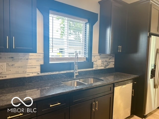 kitchen featuring sink, backsplash, dark stone countertops, and dishwasher